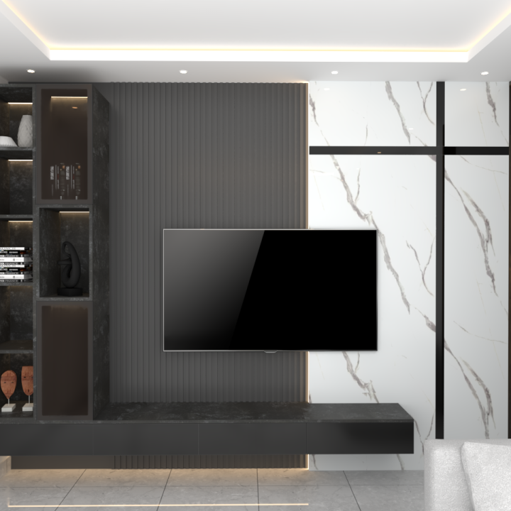 innovative TV unit KreativeNest design offering a modern, space-saving solution with functional shelving and drawers