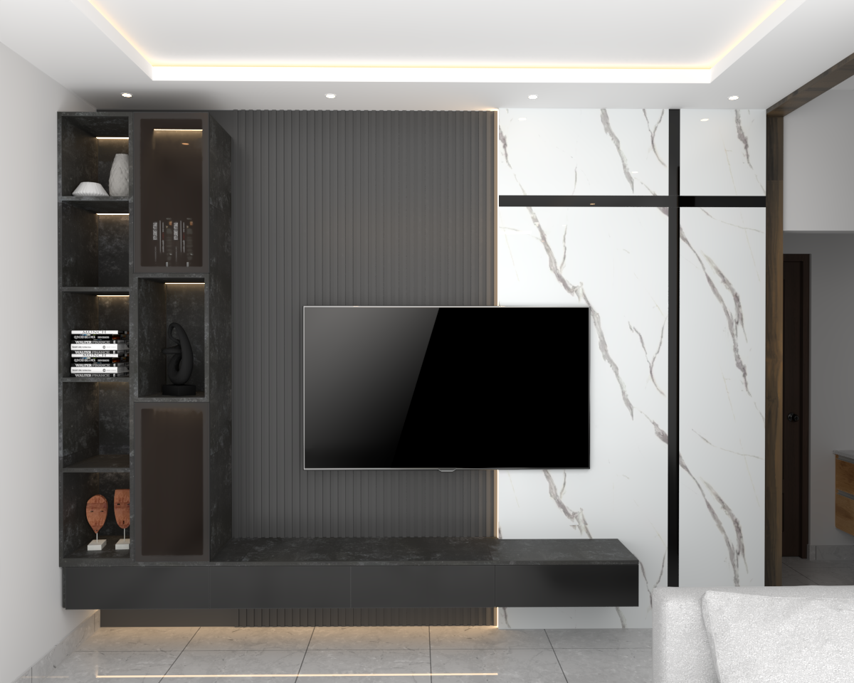 innovative TV unit KreativeNest design offering a modern, space-saving solution with functional shelving and drawers
