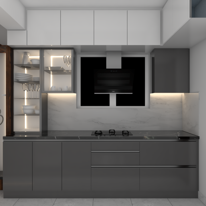 Elegant one-wall kitchen setup, maximizing space with a minimalist design and sleek, functional storage solutions