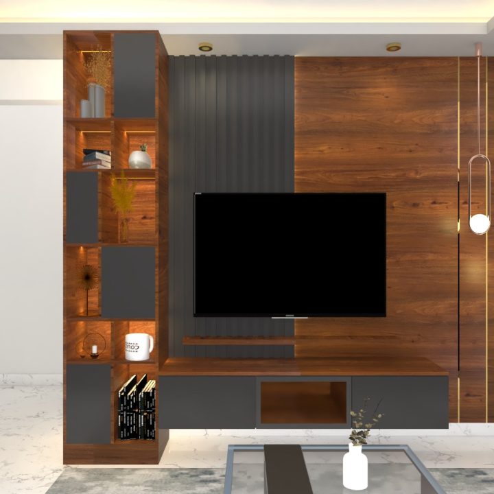 space-saving TV unit with smart storage solutions and a sleek design, maximizing living room space efficiently