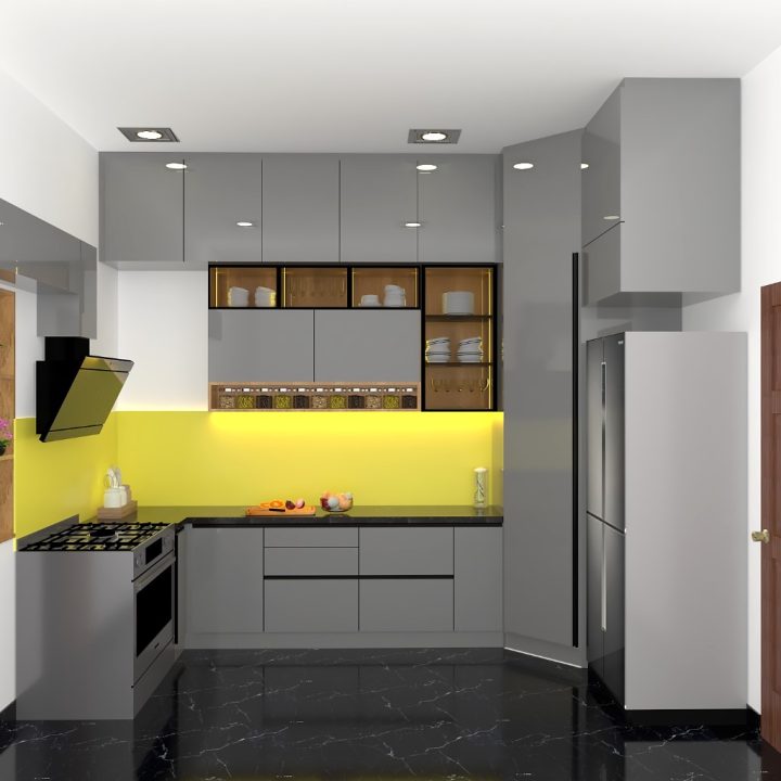 Functional modular kitchen design with customizable cabinets and organized storage