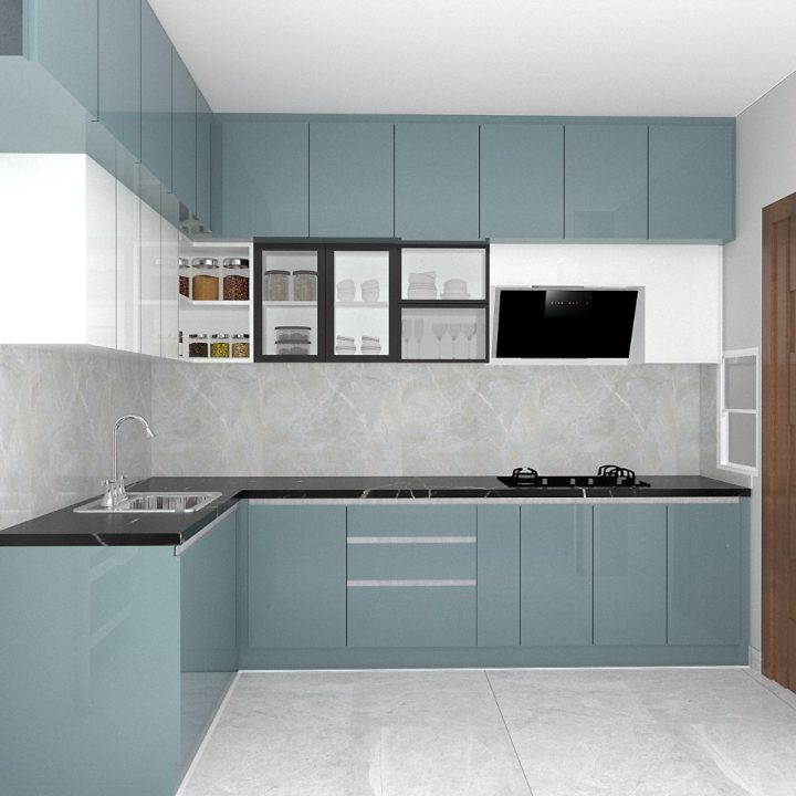 Sophisticated L-shaped kitchen, combining contemporary design with innovative storage for a functional and elegant cooking space