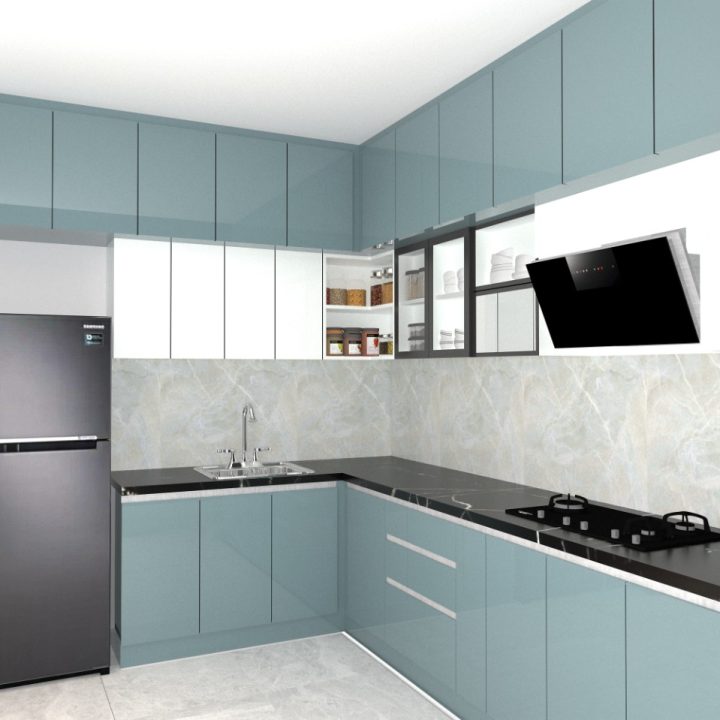 Stylish L-shaped kitchen design, featuring smart storage ideas to maximize space and create a functional cooking environment