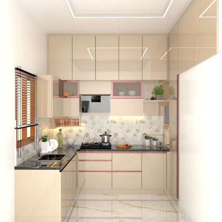 Urban modular kitchen design with efficient storage, blending modern aesthetics and practicality for urban spaces