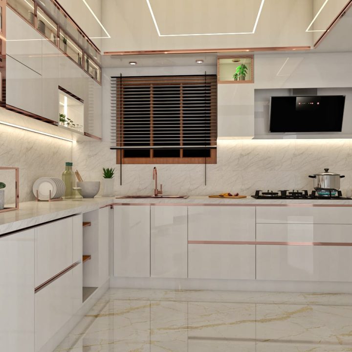 Sophisticated modular kitchen with a trendy, contemporary design, offering smart storage and sleek aesthetics
