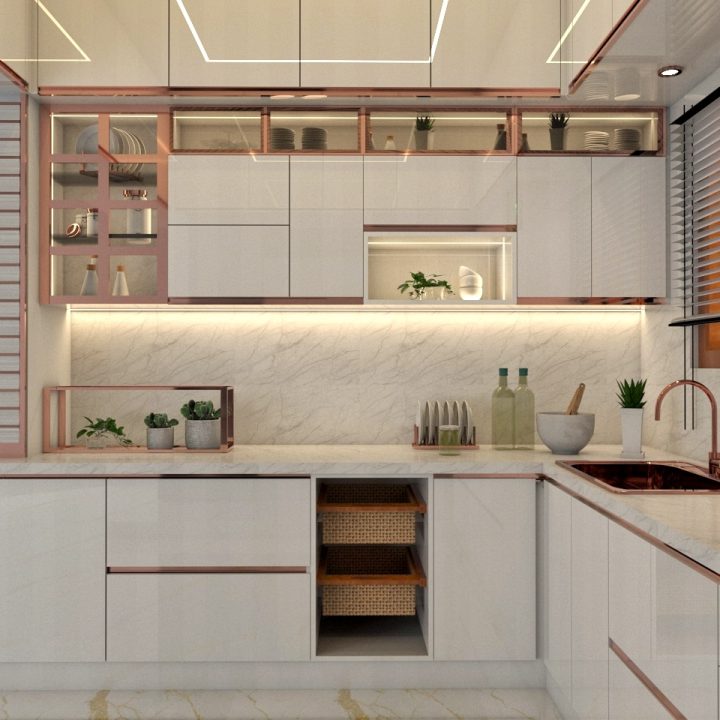 Exquisite L-shaped modular kitchen with sophisticated finishes and space-maximizing features for a stylish cooking hub