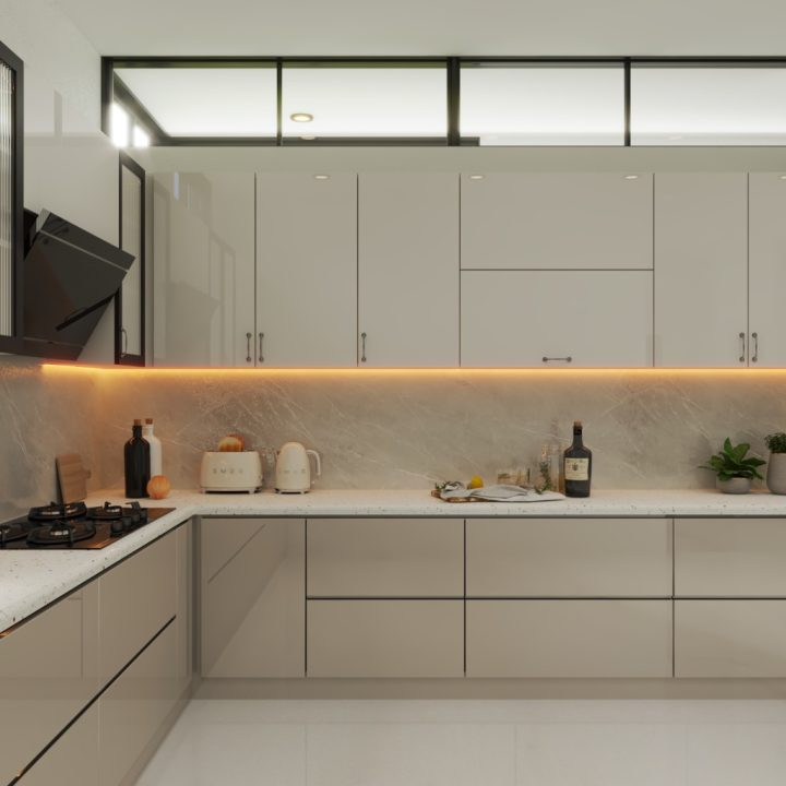 Trendy L-shaped kitchen setup with ample counter space, optimized layout, and stylish design for modern kitchens