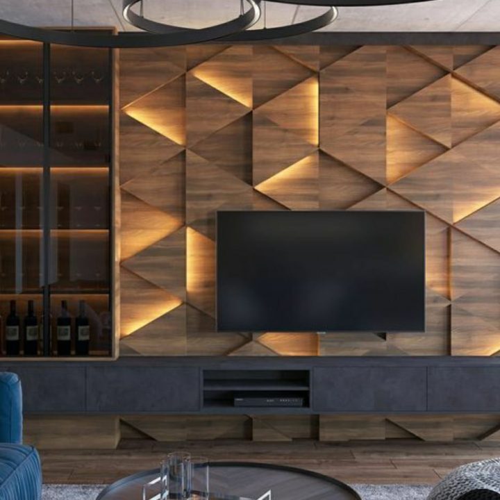 wooden TV unit design with customized compartments and premium wood finishes for a sophisticated space