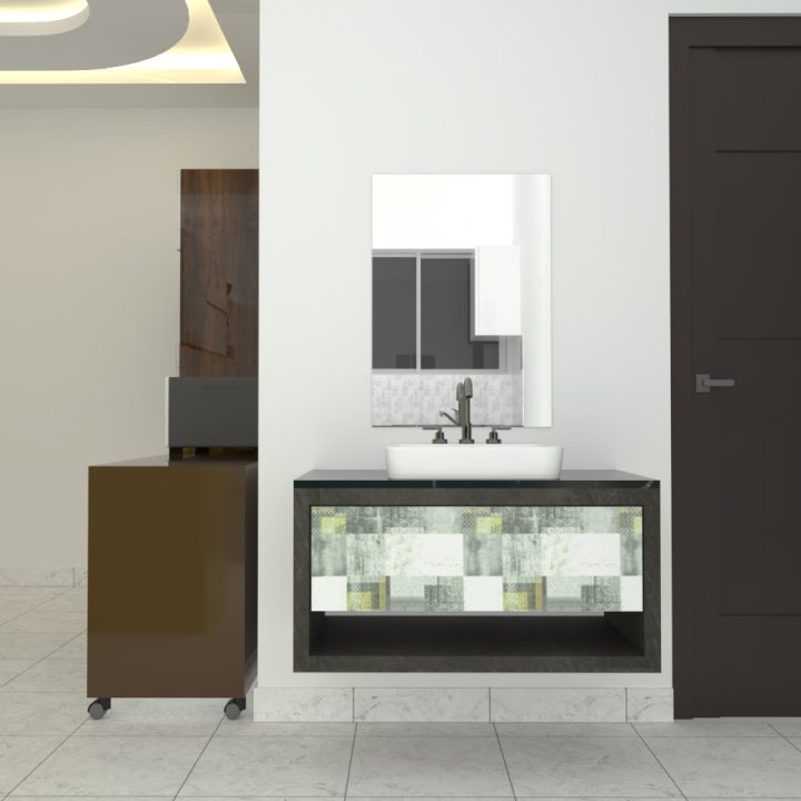 modern floating vanity with a streamlined design, creating a spacious feel while providing efficient storage solutions