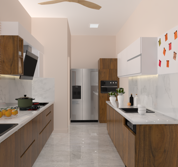 Modern parallel kitchen with space-saving smart storage, blending aesthetics and functionality for a well-organized kitchen
