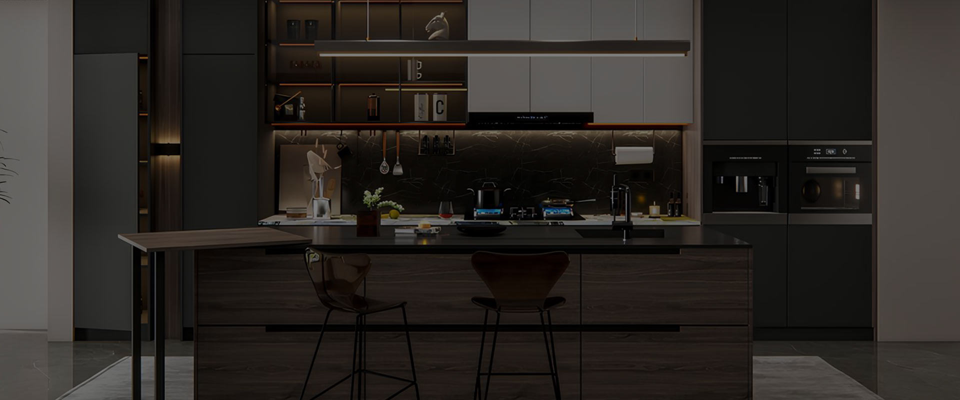 Modern modular kitchen with sleek cabinets, stylish lighting, and a spacious countertop.