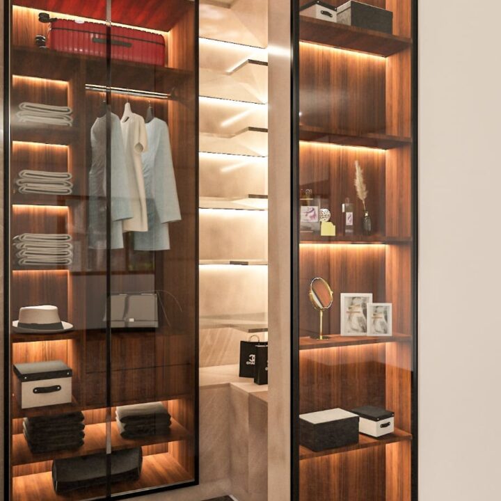 fashion-forward boutique-style wardrobe interior with sleek shelving and elegant hanging spaces for a sophisticated look