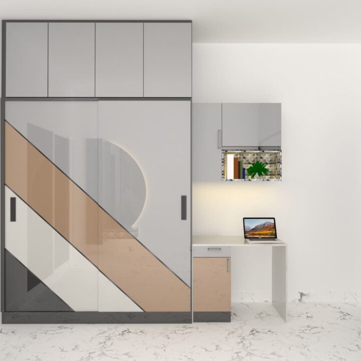 customizable modular wardrobe interior with adjustable shelves, drawers, and hanging spaces for efficient storage