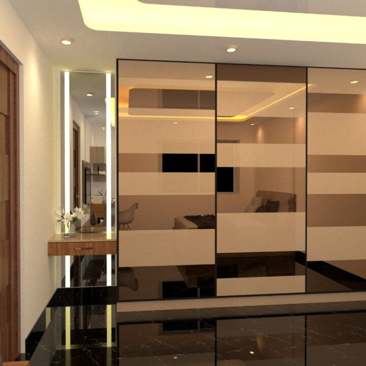 spacious walk-in wardrobe interior with thoughtful design, featuring organized storage for clothing and accessories